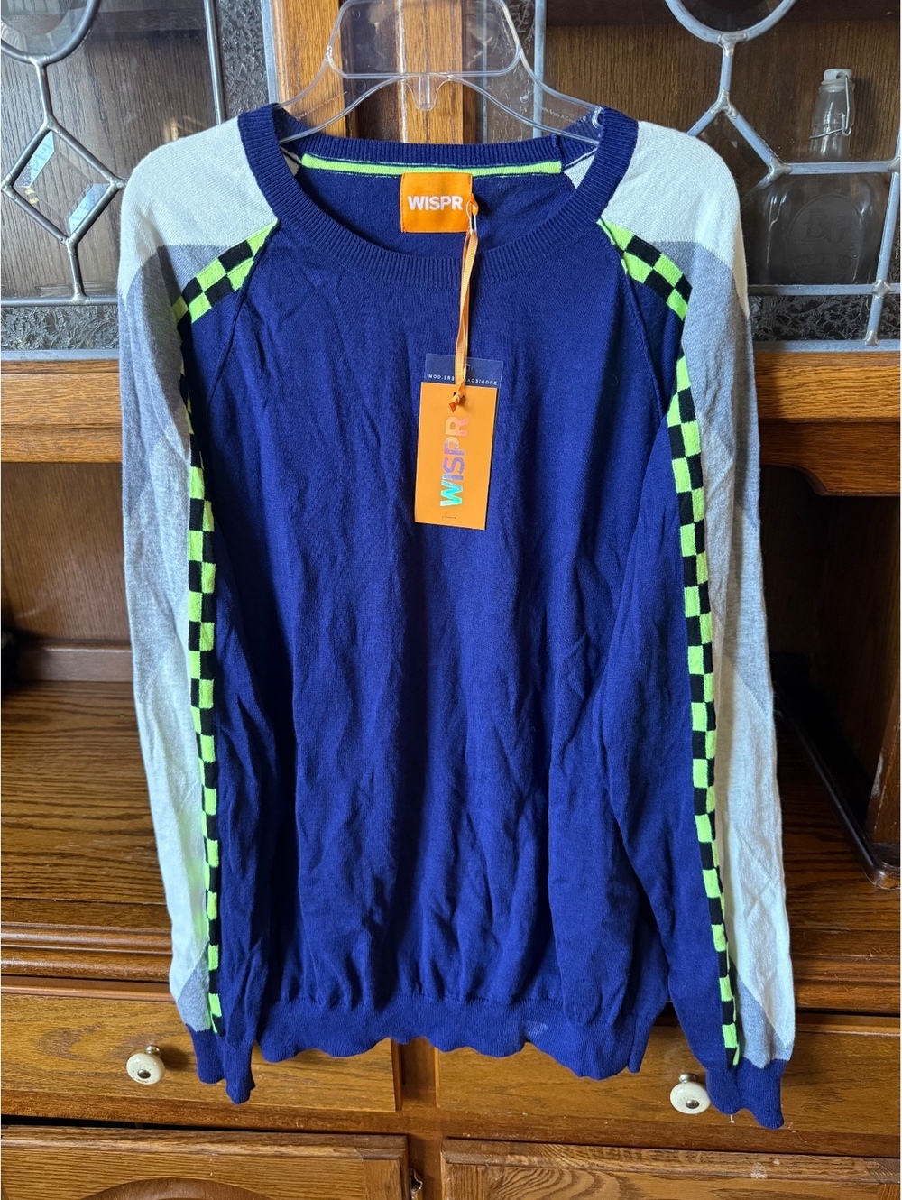 NWT WISPR Brodie Cashmere Sweater M Navy Neon Checkered Stripe Crewneck